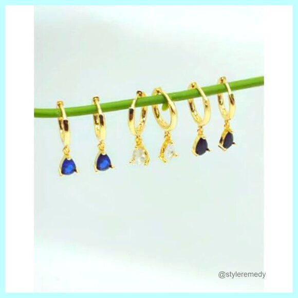 14K Gold Plated Hoop Earrings, Hypoallergenic, Dainty Drop Huggie, Birthstone - Picture 6 of 7